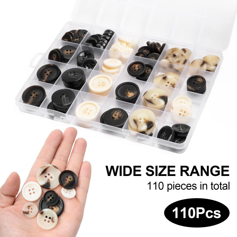 OELFFOW 110Pcs Mixed Sewing Buttons, 4-Hole Craft Round Blazer Buttons, 5 Color 3 Size (15mm, 20mm, 25mm) Suit Coats Resin Button, Suitable for Variety Clothing Sewing, DIY Craft (Black & White) - Image 4